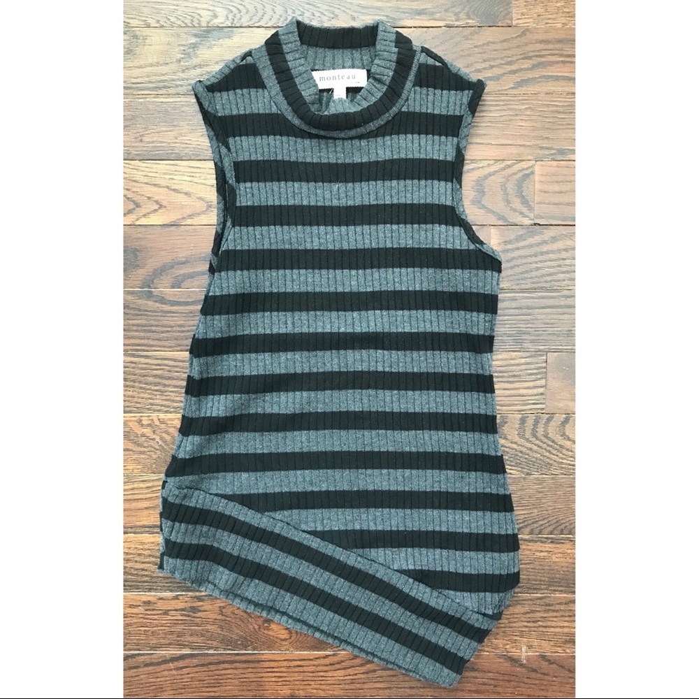 GS - Black and Grey Striped Sleeveless Sweater with Mock Neck and Uneven Hem